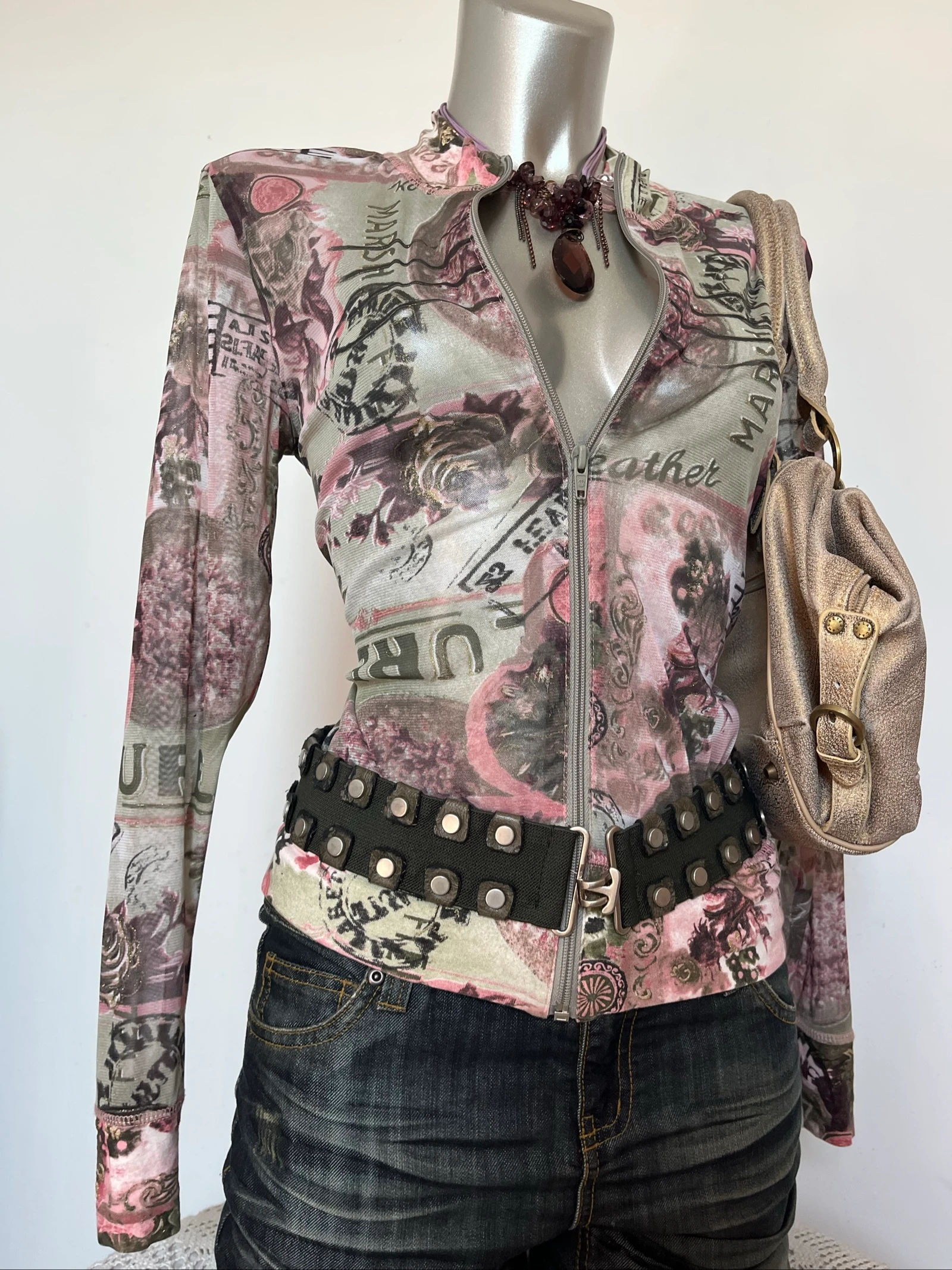 Top à zip en mesh transparent vintage graphique style militaire Y2K 🪖 2000s – photo 2